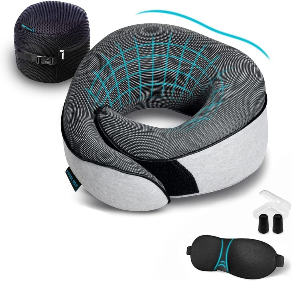 Travel Kit with Travel Pillow, 3D Contoured Sleep Mask, Earplugs and Luxury Mesh Bag